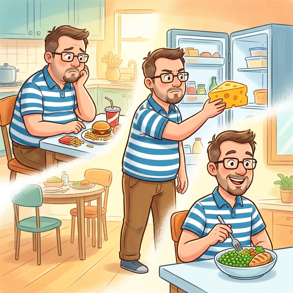 The obese man put down the cheese, picked up peas, and started eating healthier.