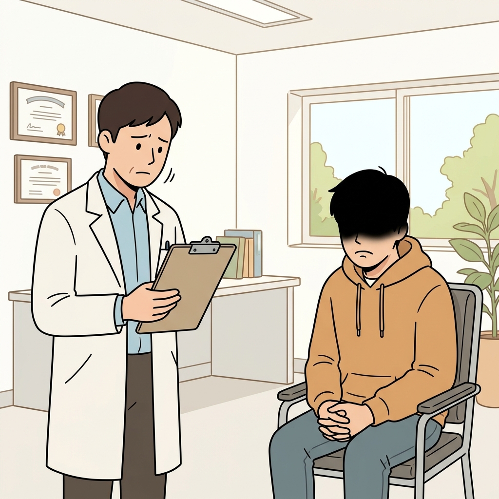 의사가 치료법이 없다고 선언하자, 환자 위로 짙은 그림자가 드리우며 그의 시야를 가려버렸다(obscure). (옵스큐어 → "없어(obs) 큐어(cure)")