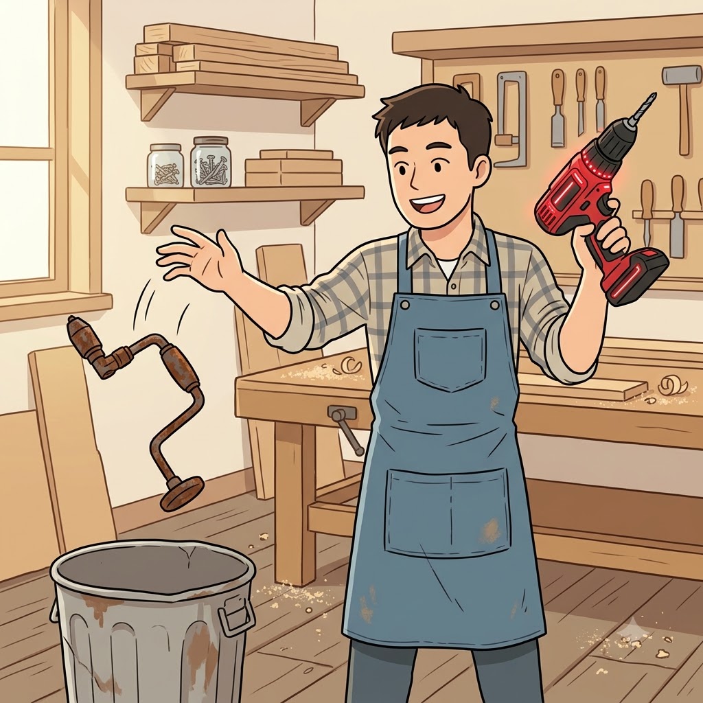 "이젠 없어 쓸 일이야!" 녹슨 수동 드릴은 구식화(obsolescence)의 상징이 되었다.