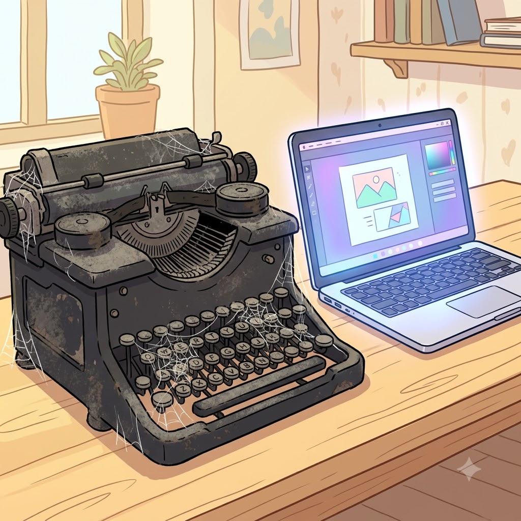 Next to the glowing new laptop, the dusty, broken typewriter looked completely obsolete.