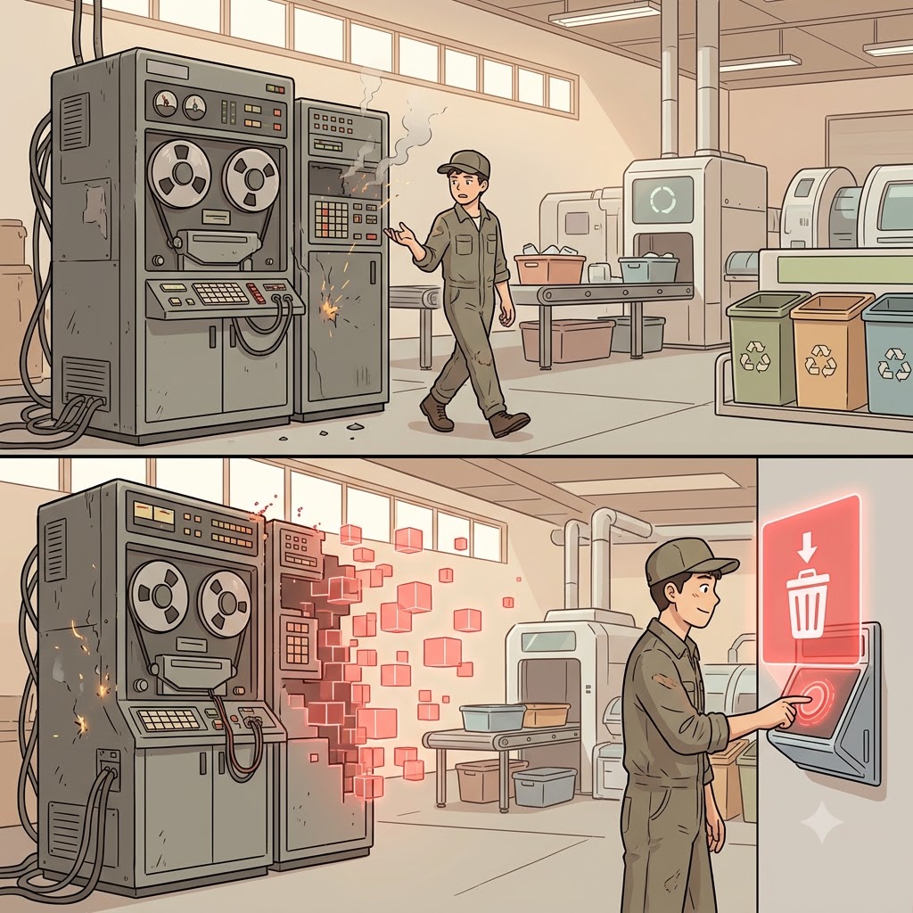 Because the massive old computer was incredibly obsolete, the worker pressed the red button to permanently delete it.