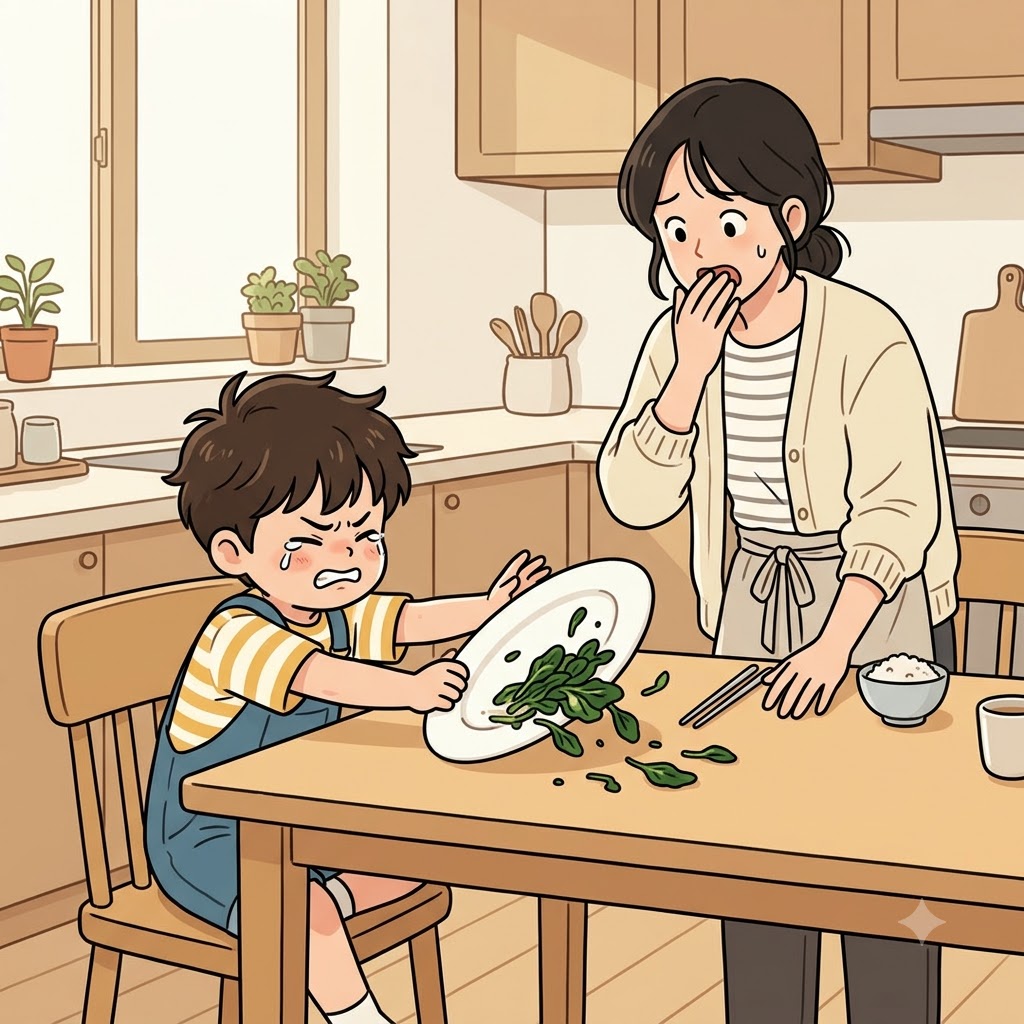 "야채 먹기 싫다고 밥상을 엎어(ob)스(s) 티(ti) 내(nate)냐!" 아이는 채소 먹기에 대해 믿을 수 없이 고집이 셌다(obstinate).
