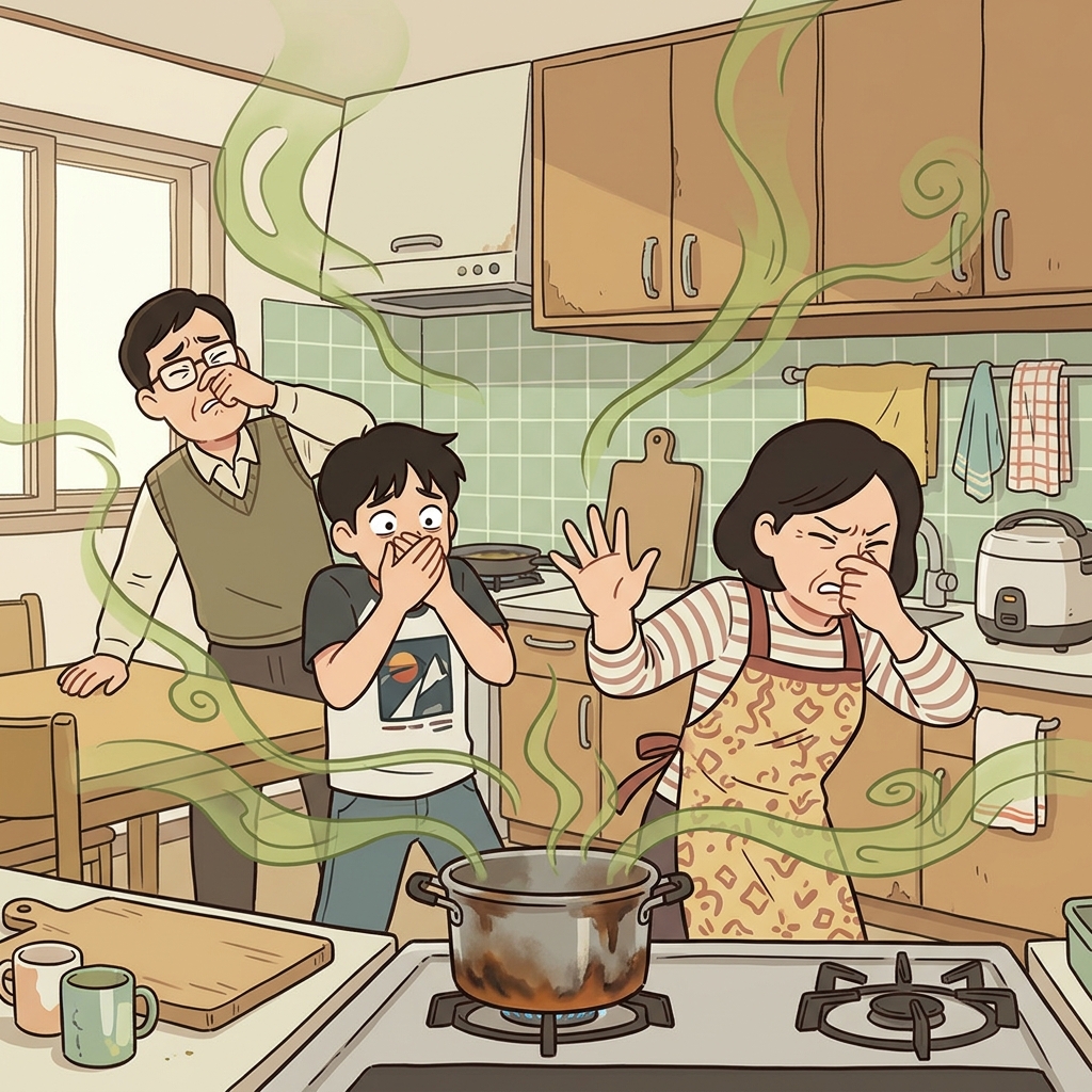 이상한 냄새가 부엌에 퍼지자 모두가 코를 막았다.