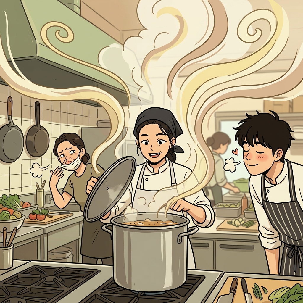 요리사는 주문(order) 받은 국의 뚜껑을 열자 강한 냄새(odor)가 주방 가득 퍼지는 모습을 보며 웃었다. (오더(order) 받은 국의 뚜껑을 여니 냄새가 확 퍼졌다)