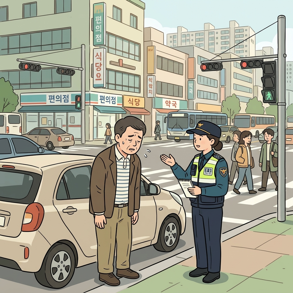 신호를 위반한 운전자는 자신의 잘못을 인정하고 사과했다. ("오펜더!" → Off(규칙에서 벗어나) 한 사람)