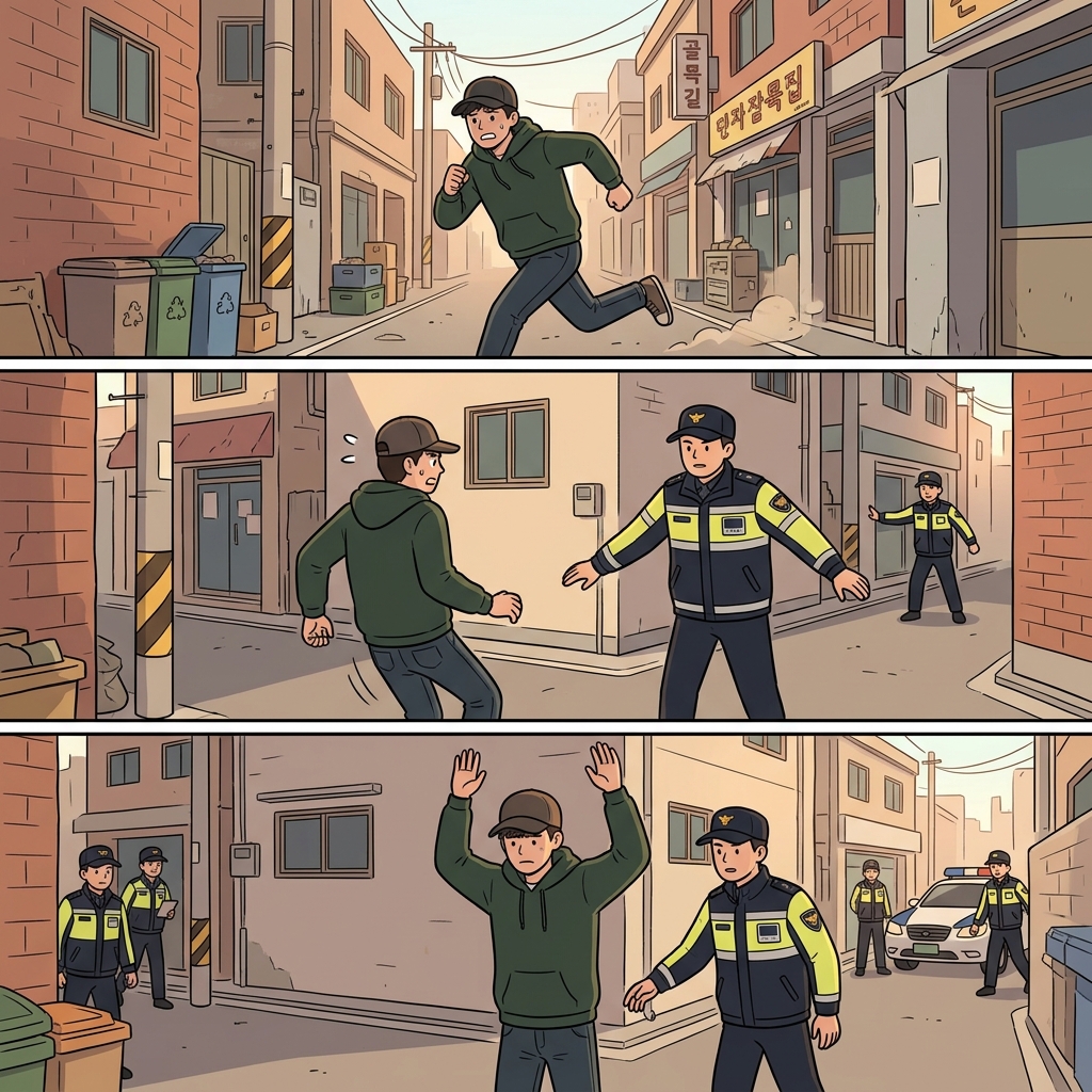 범인은 수비대원에게 궁지에 몰린 끝에 결국 항복했다.