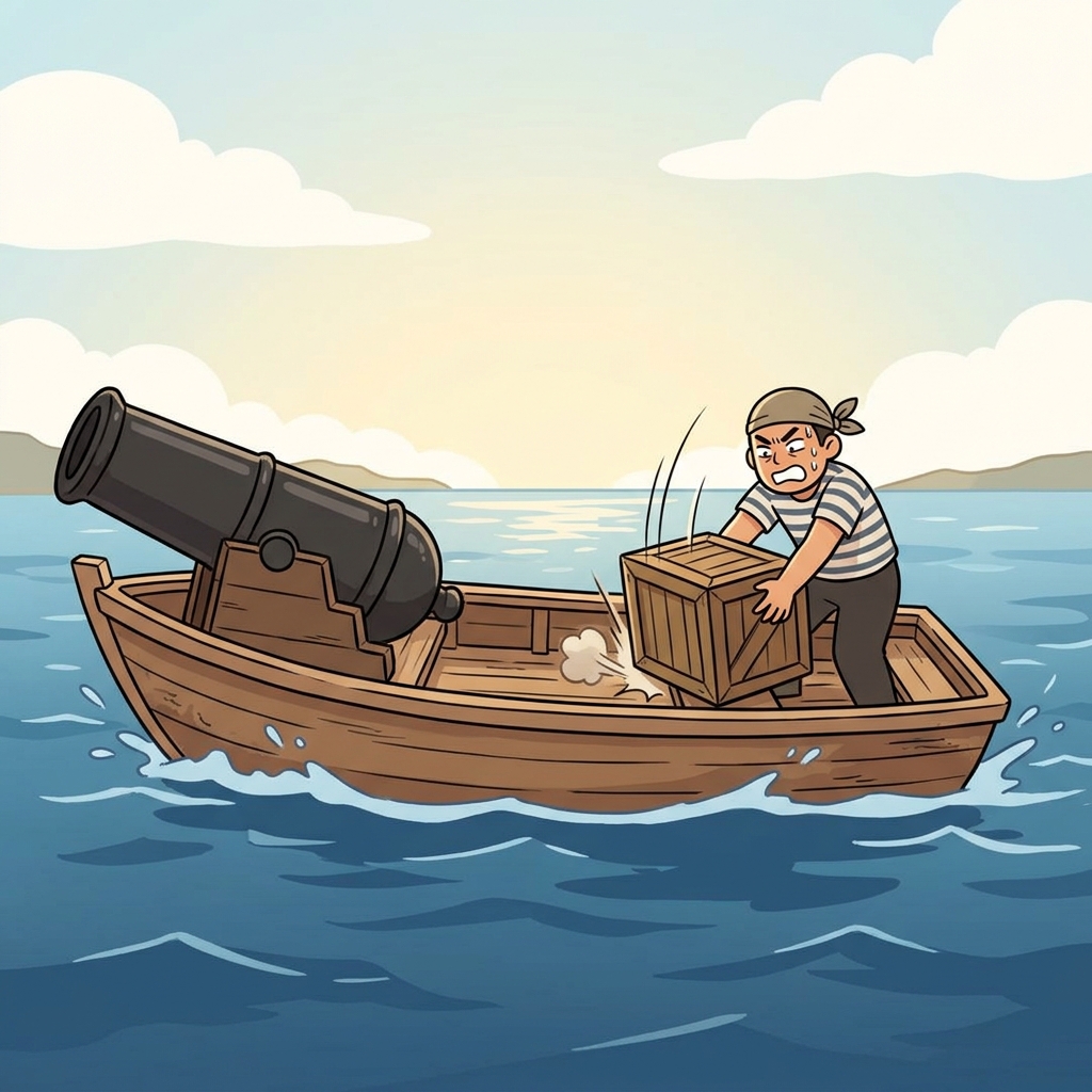 To offset the massive iron cannon sinking the left side of the boat, the desperate sailor aggressively slammed a heavy crate onto the right side to flatten it out.