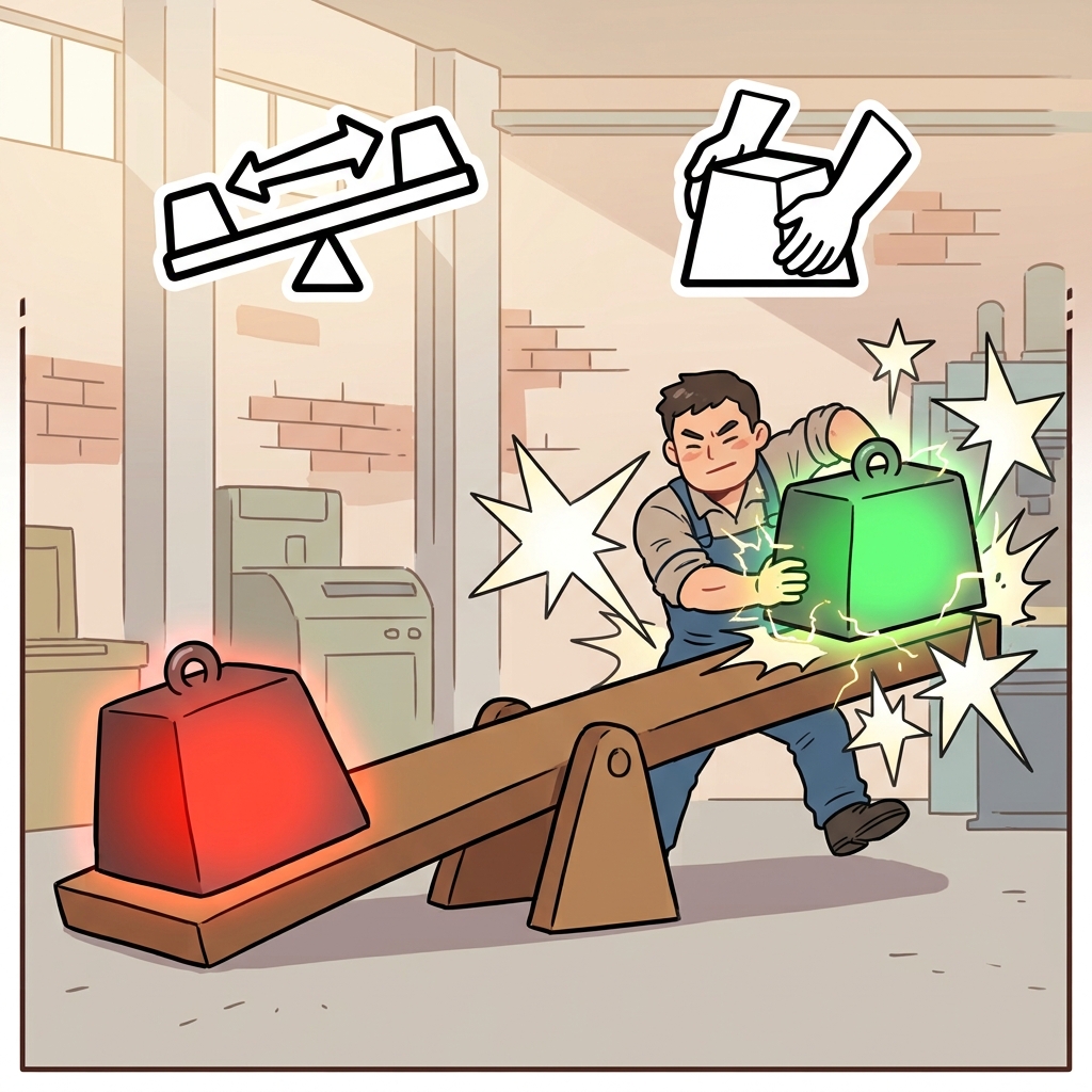 OFF(opposite/away) + SET(place) — to offset a heavy weight is to forcefully set an equal block far away on the opposite side to balance the scale.