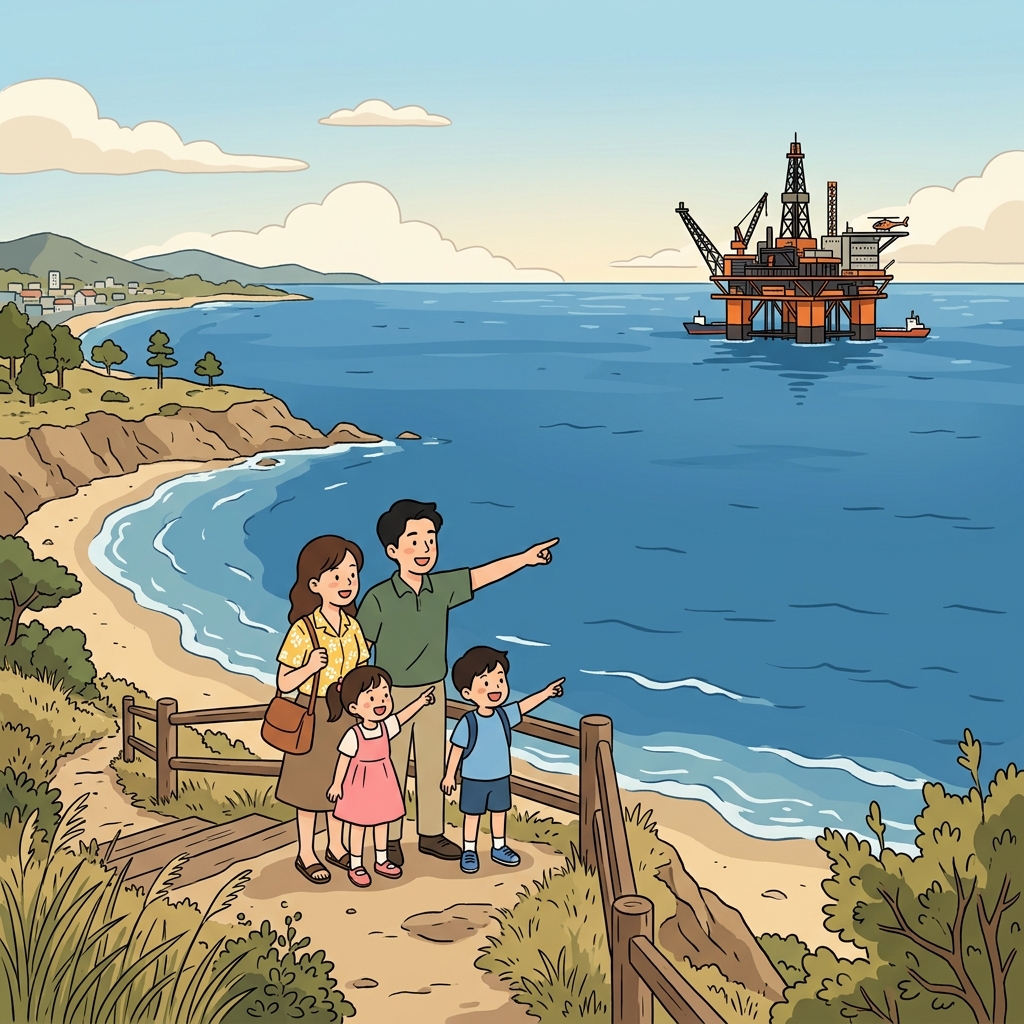 해상 석유 시추 시설은 해안에서 멀리 떨어진 바다 위에 서 있었다. ("shore(해안)에서 off!" → 해안에서 떨어진 곳)