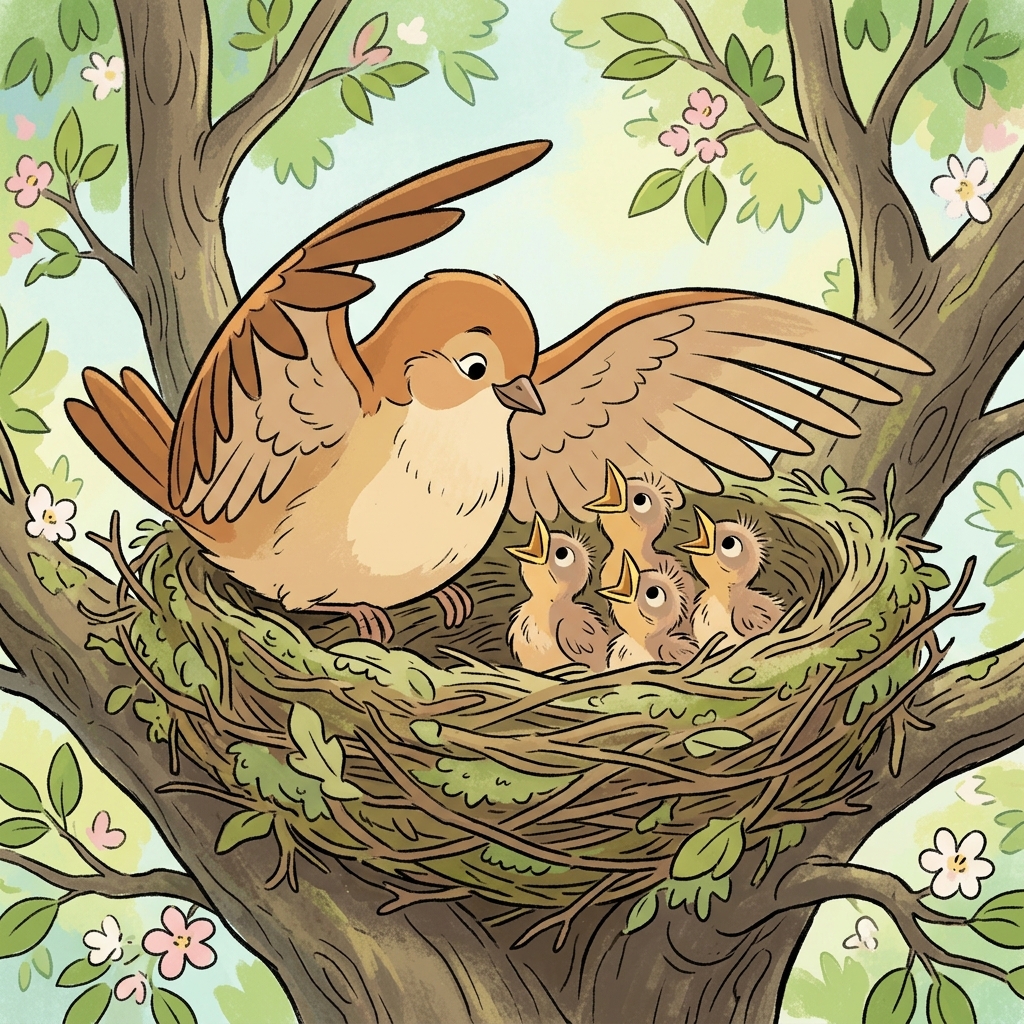 The bird carefully protected its offspring in the nest.