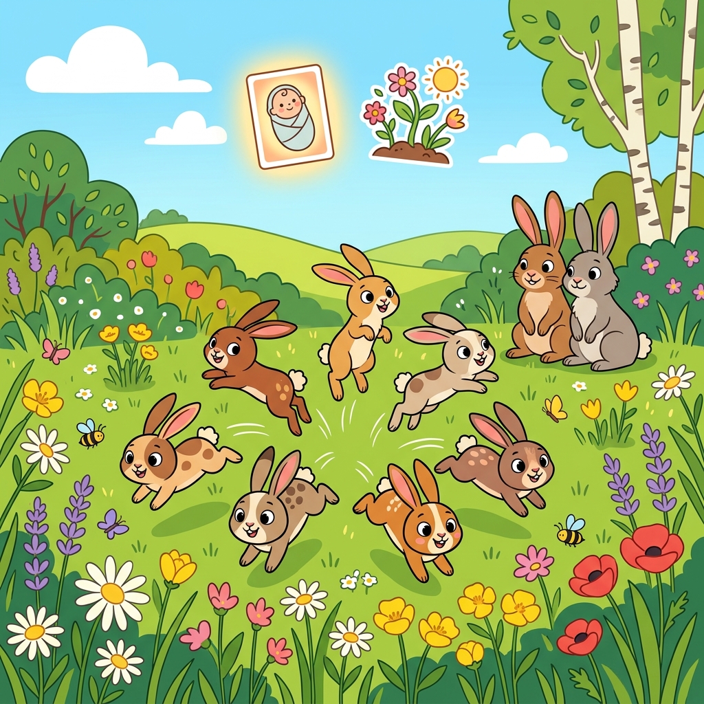 The rabbits' offspring sprang around the meadow. (OFF + SPRING → little ones springing off from their parents)
