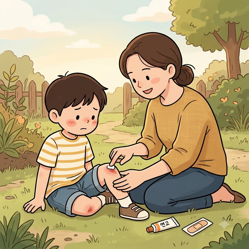 엄마는 아들의 까진 무릎에 연고(ointment)를 발라 주며 "오, 인마!" 하고 웃었다.