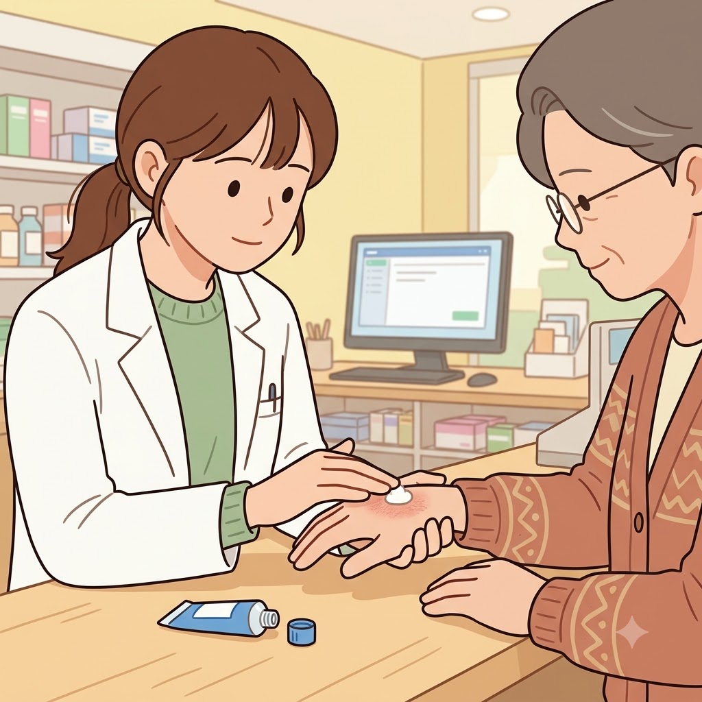 약사는 자극받은 피부를 진정시키기 위해 연고(ointment)를 추천했다.