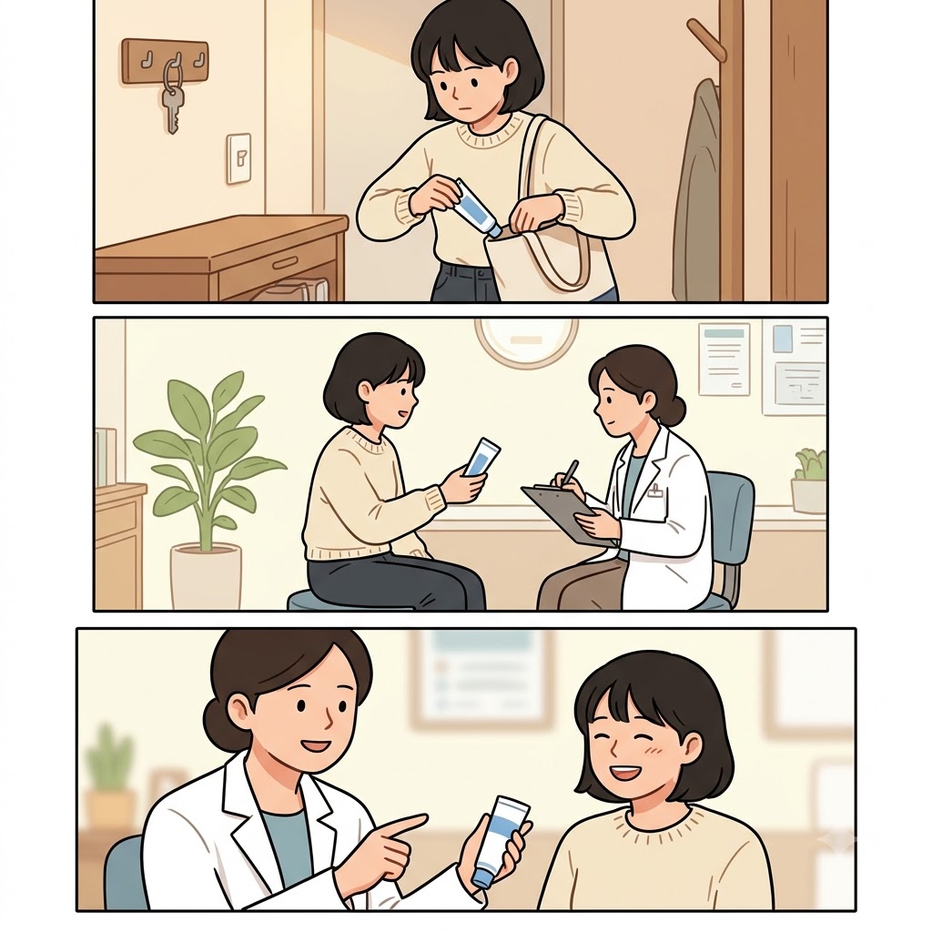 그녀는 피부 치료를 받으러 진료 예약(appointment)에 연고(ointment)를 챙겨 와서 실망(disappointment)을 피했다.