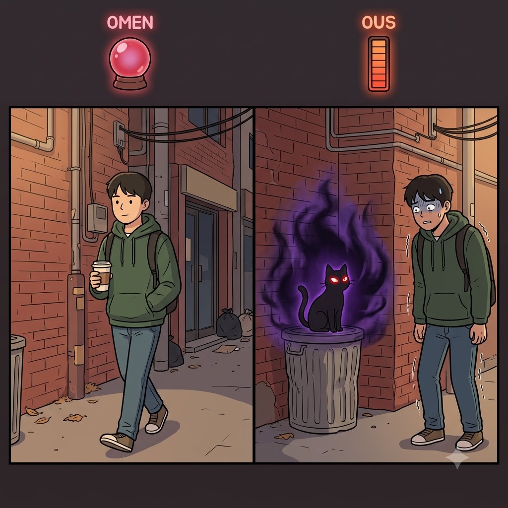 OMEN(bad sign) + OUS(full of) — becoming completely full of(OUS) a dark OMEN(bad sign), the black cat’s stare felt highly ominous.