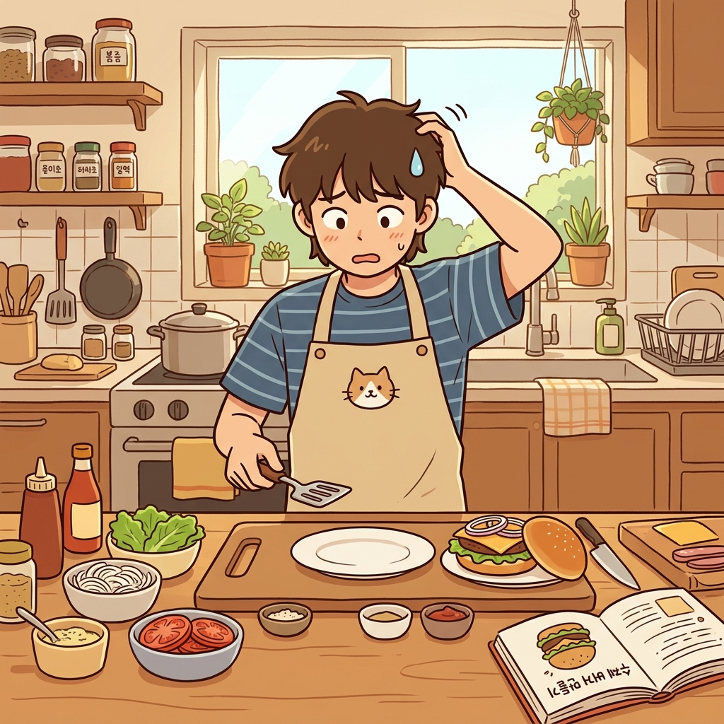 그는 실수로 요리 재료 하나를 빠뜨렸다. ("오! 미트(meat)를 빼먹었네!" → 중요한 것을 빠뜨리다)