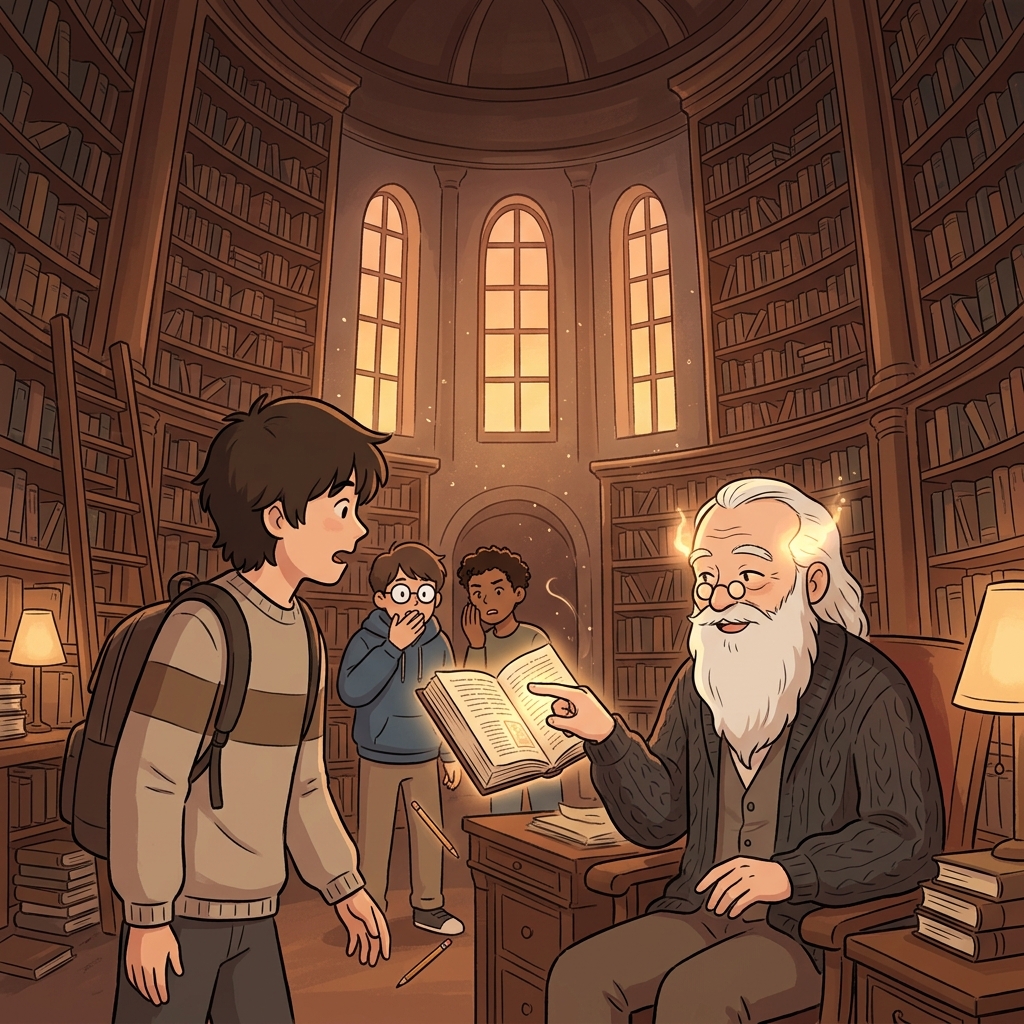 The omniscient old librarian answers every question before it's even asked.