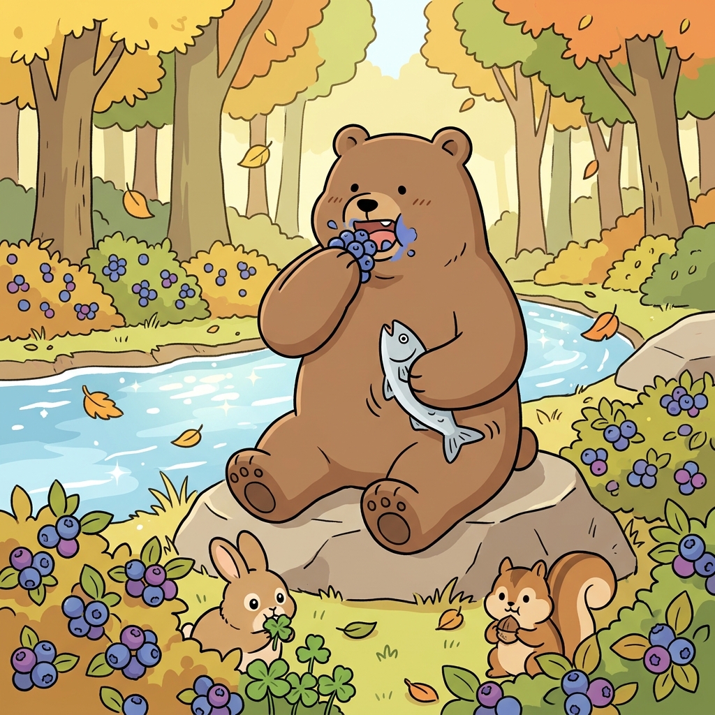 곰이 한 손엔 베리, 다른 손엔 물고기를 들고 둘 다 먹는다.