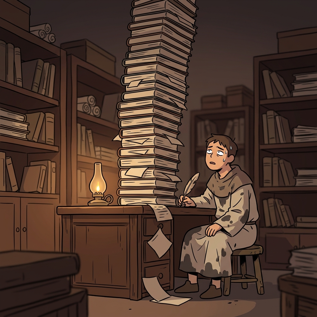 The onerous tax records piled higher than the clerk himself.