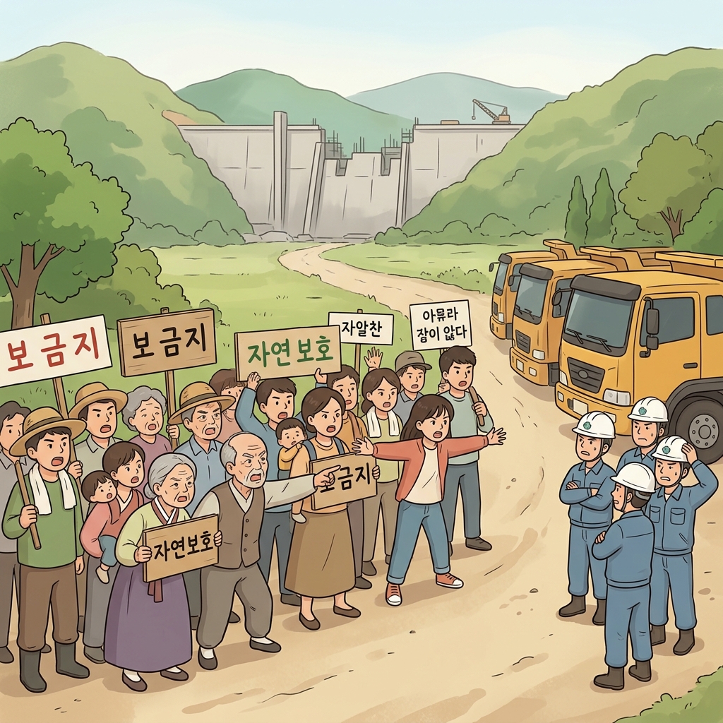 마을 사람들이 새 댐 건설을 반대하며 길을 막아섰다.