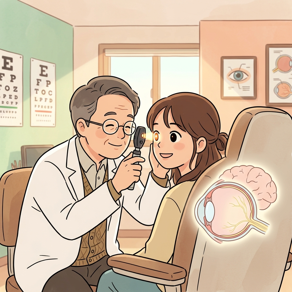 검안의가 밝은 빛으로 시신경을 살핀다.