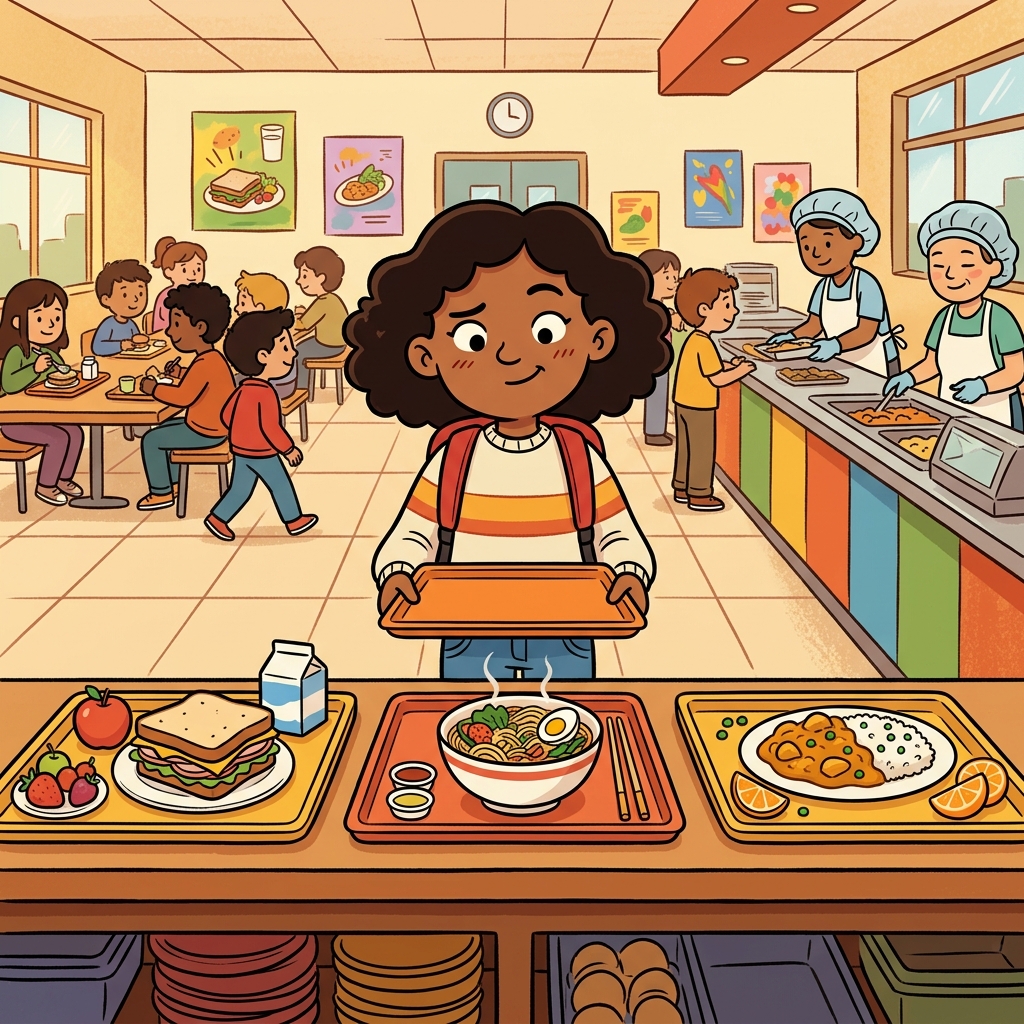 The girl compared three lunch options before choosing one.