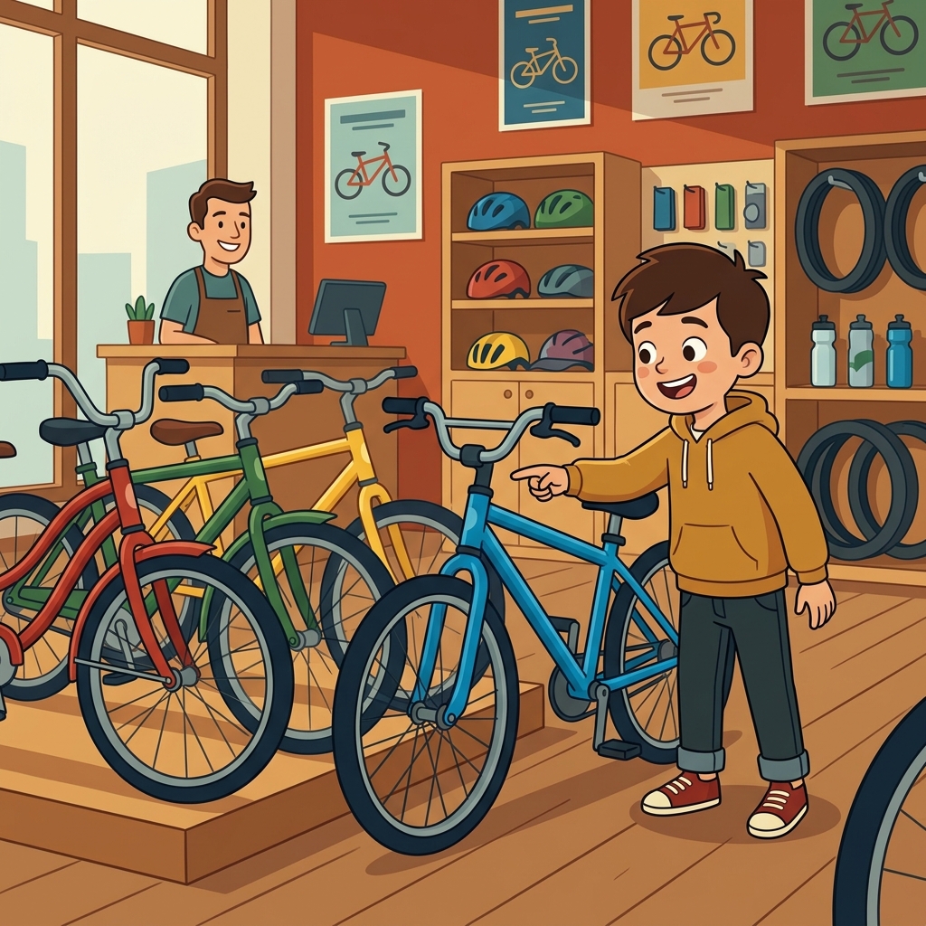 The boy looked at several bike colors and opted for the blue one. (OPTION → OPT + ONE → look at several choices, then opt for one)