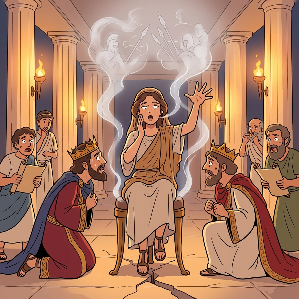 The oracle whispers a cryptic prophecy to the trembling king.