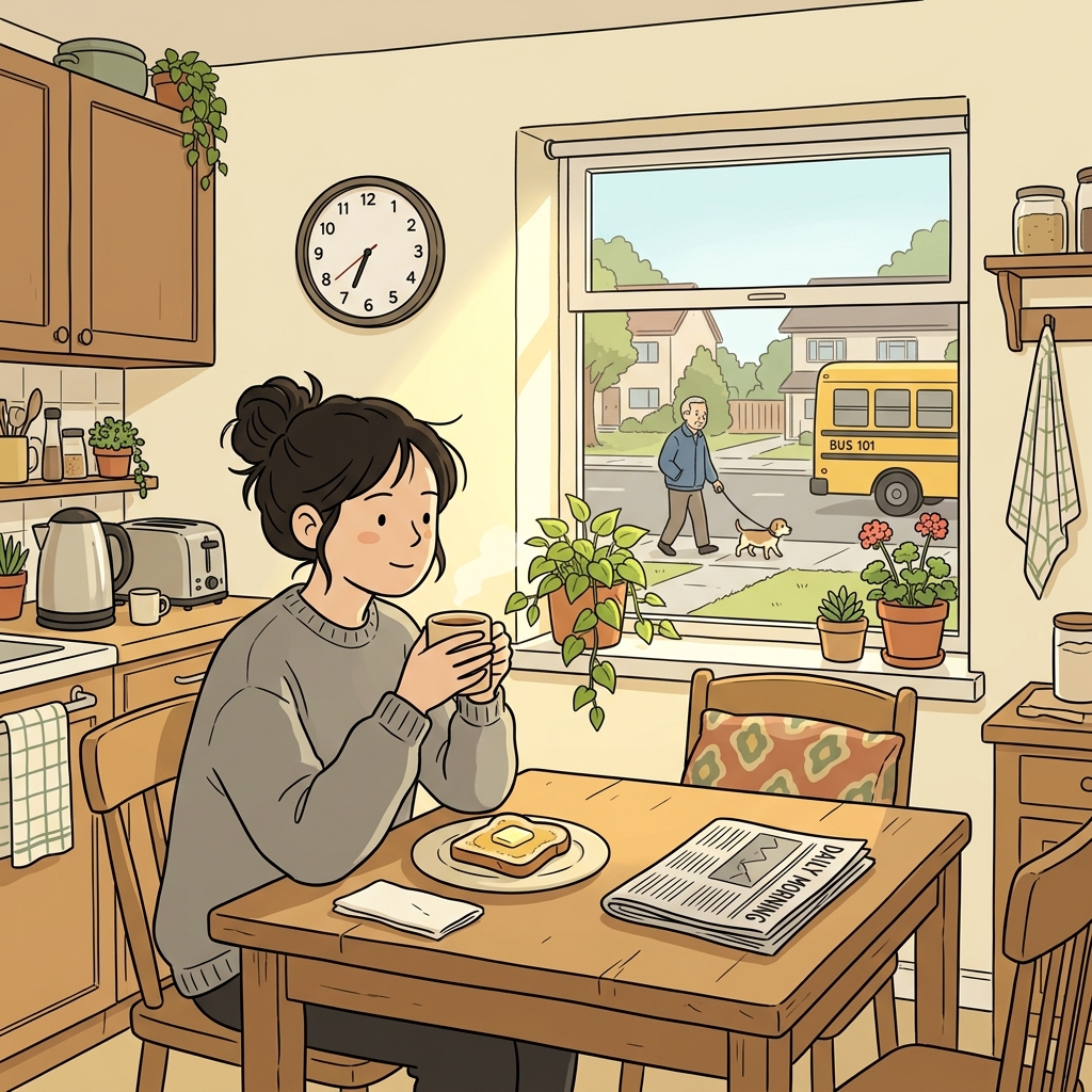 Her ordinary Tuesday morning: coffee, toast, and the same bus at 7:45.