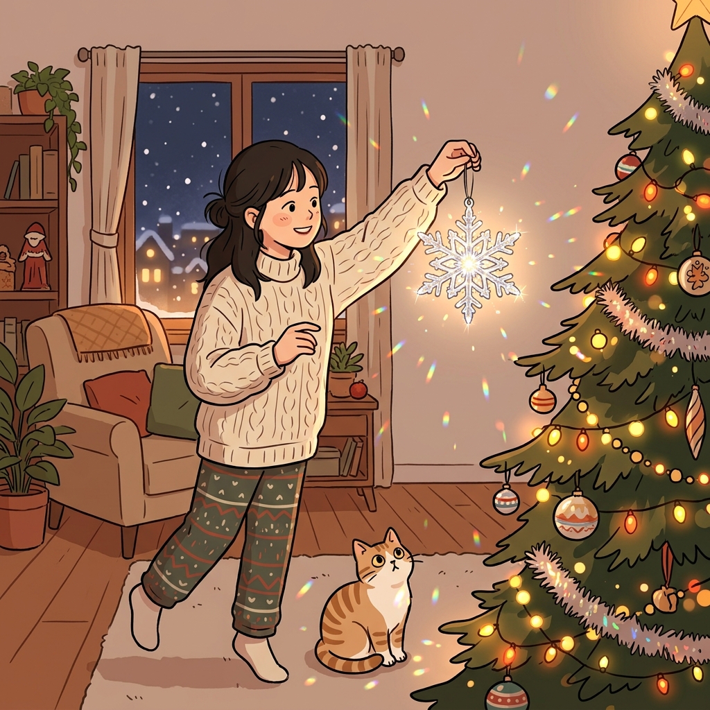 She hangs a glass ornament on the tree, and it catches the light beautifully.