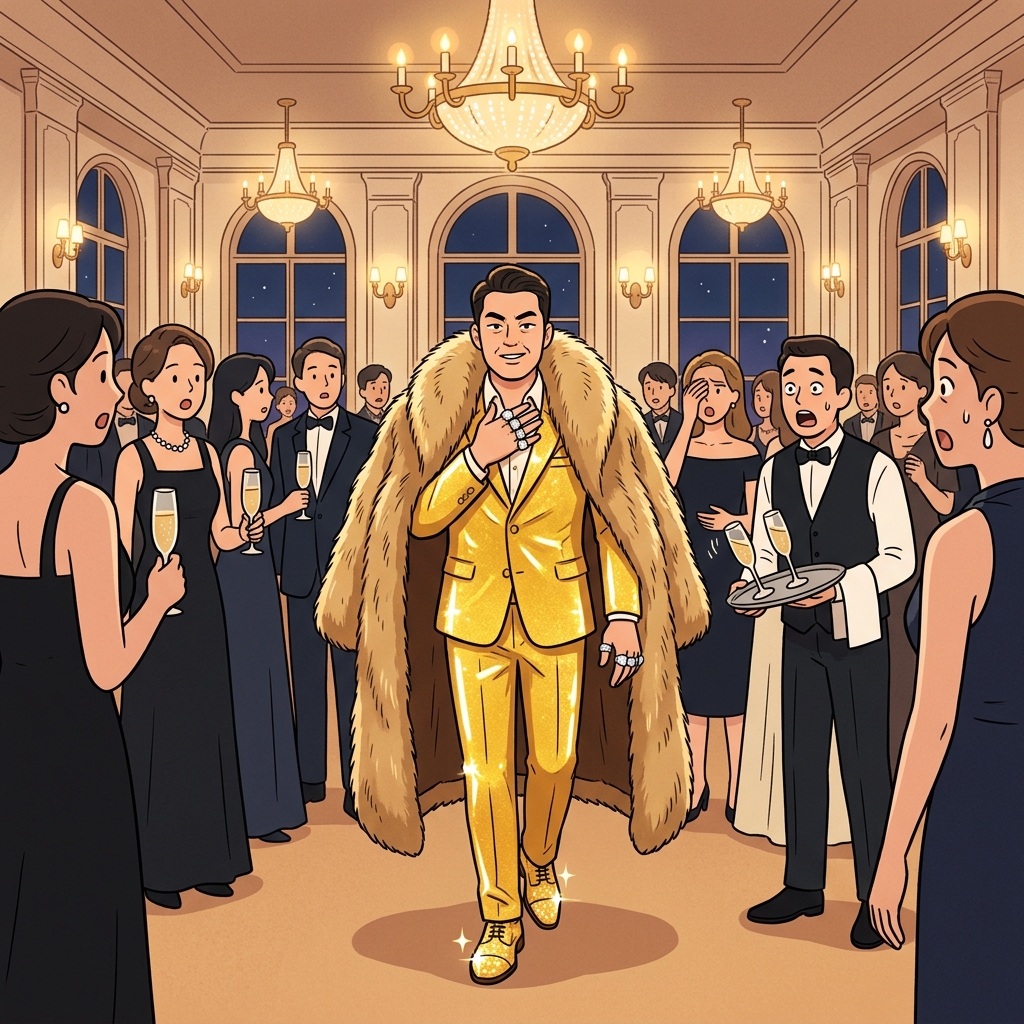 His ostentatious gold suit made every head turn at the charity gala.