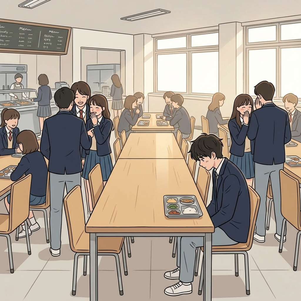 The classmates ostracize the new student, leaving him alone at an empty lunch table.