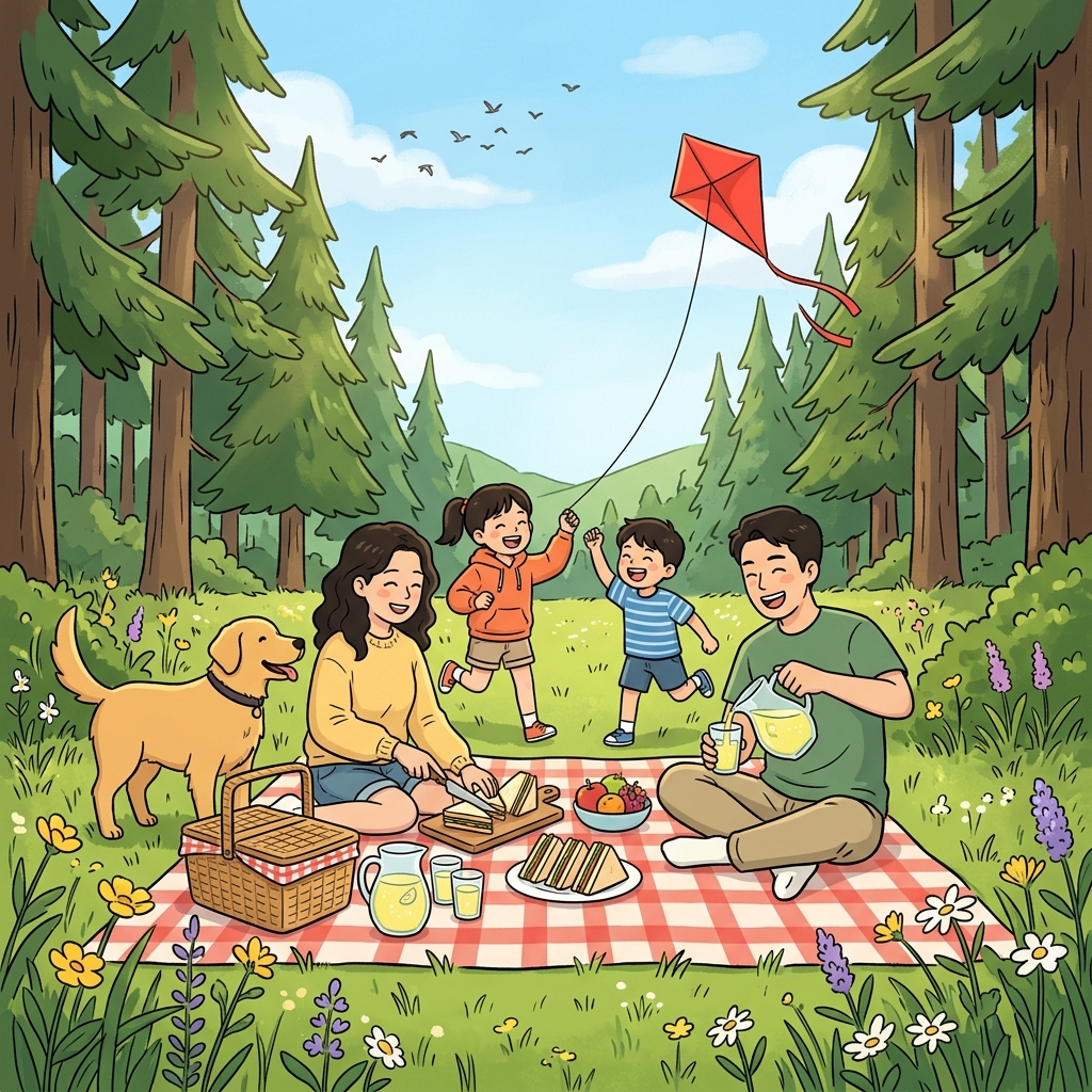 The family enjoys an outdoor picnic under the tall pine trees.