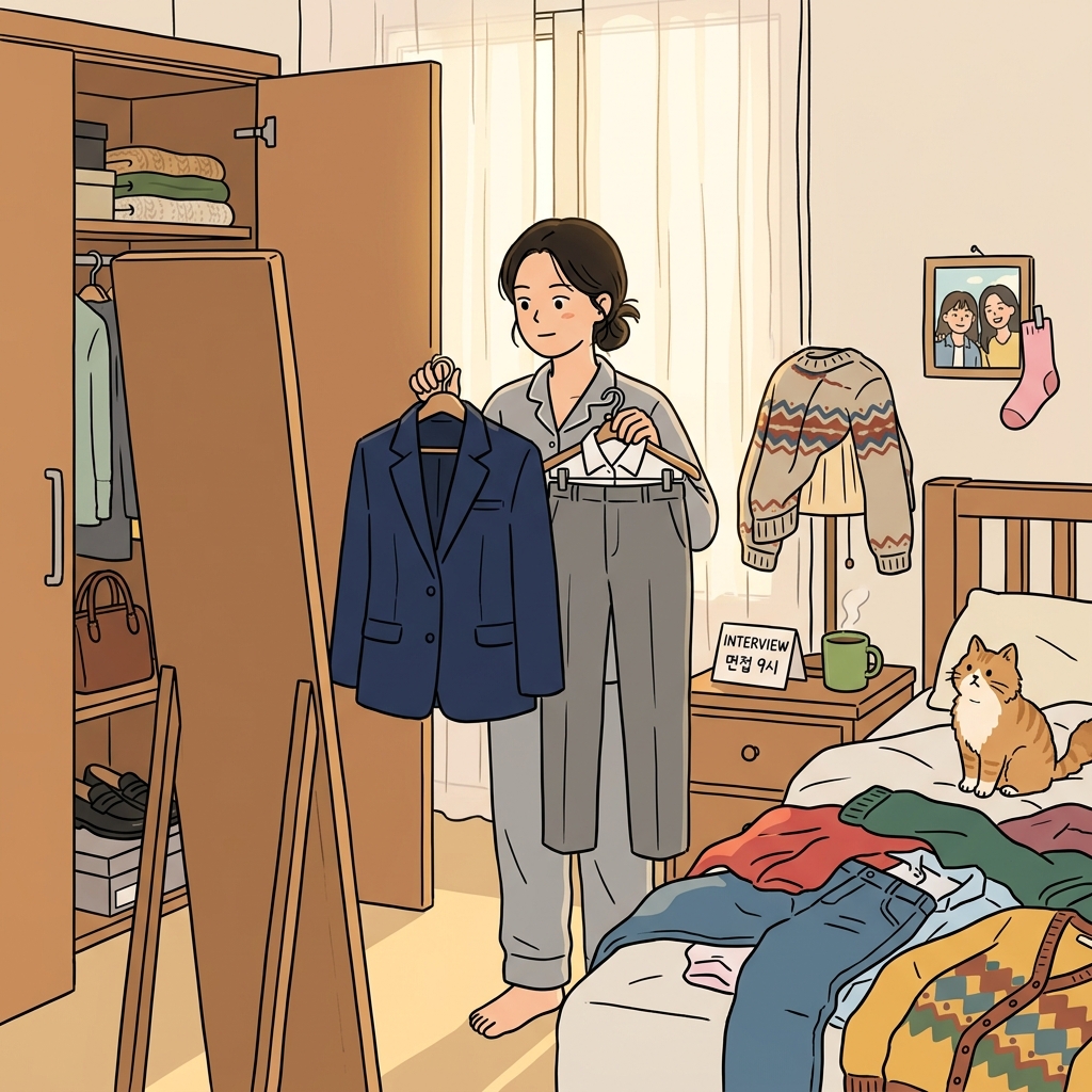 면접 날 아침, 그녀는 완벽한 옷차림을 골랐다.