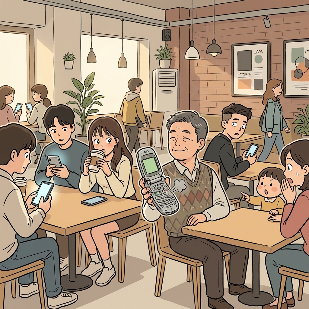 His outmoded flip phone looks ancient next to everyone's sleek smartphones.