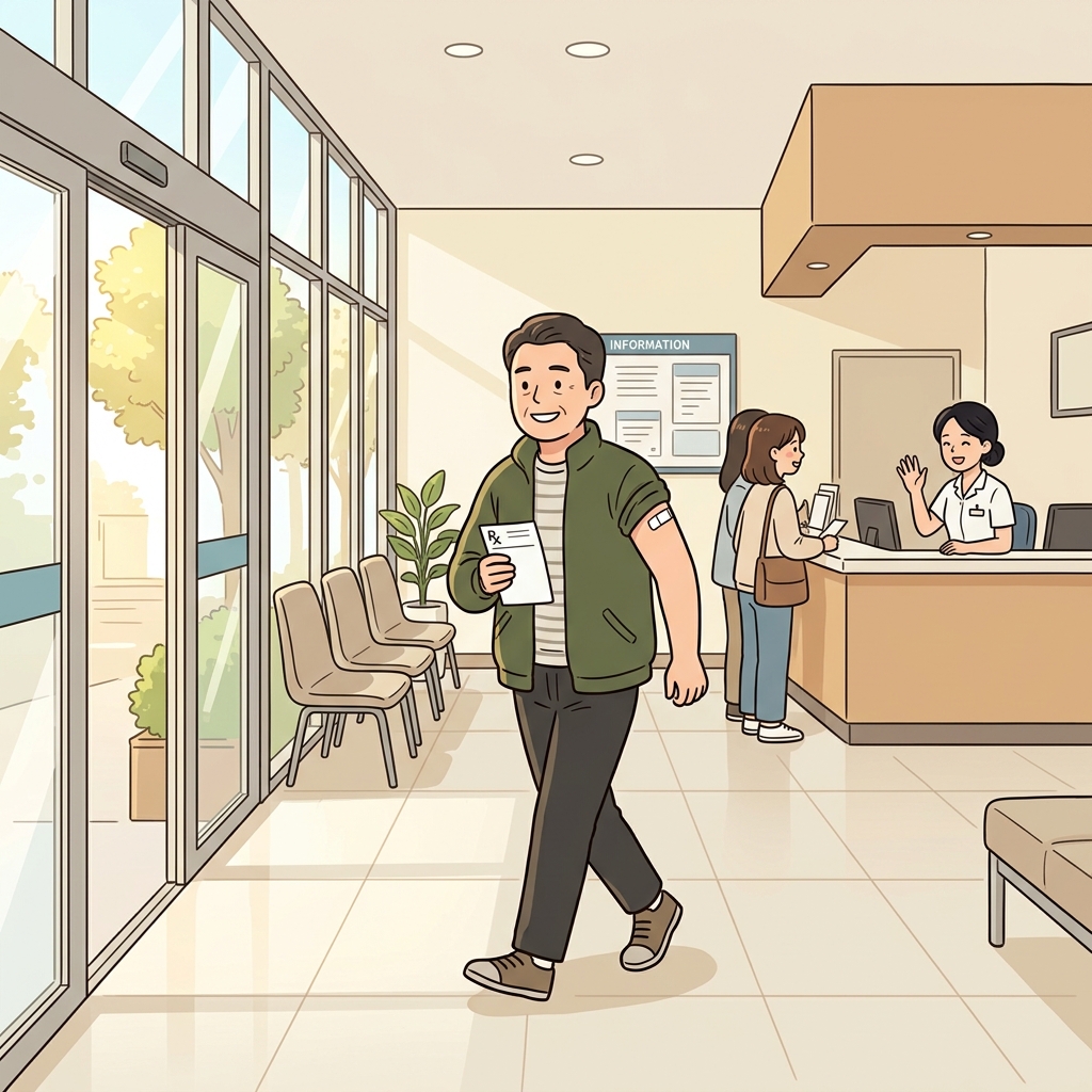 The outpatient leaves the clinic after a quick checkup, no overnight stay needed.
