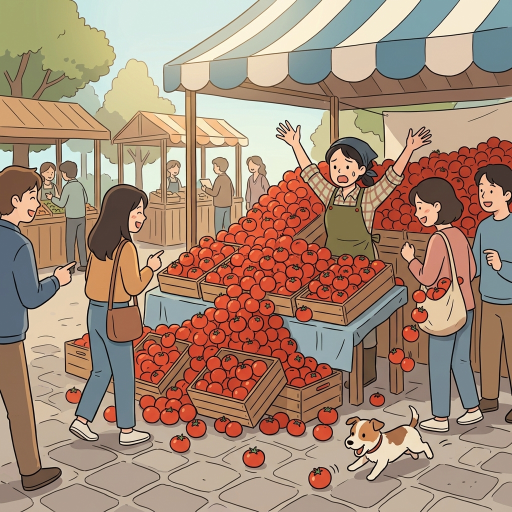 The market stall shows a clear overabundance of tomatoes spilling everywhere.