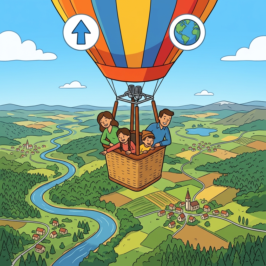 From a hot-air balloon, the family saw the overall shape of the entire valley. (OVER + ALL → rise above and see everything at once)