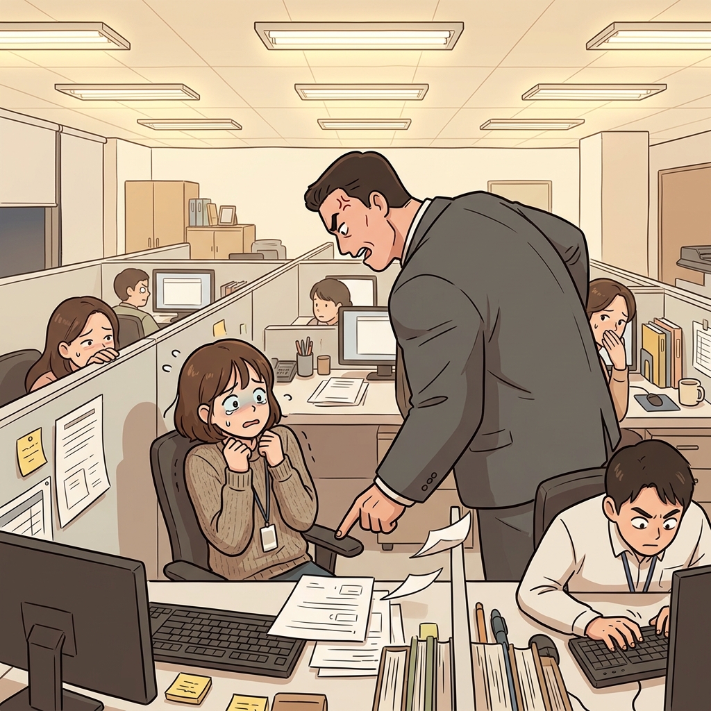 Her overbearing boss looms over the desk, jabbing a finger at every tiny mistake.