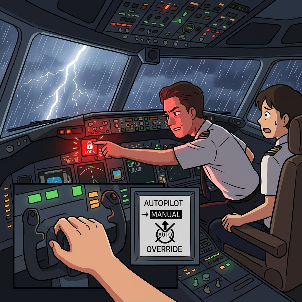 The captain had to override the autopilot when the storm hit unexpectedly.