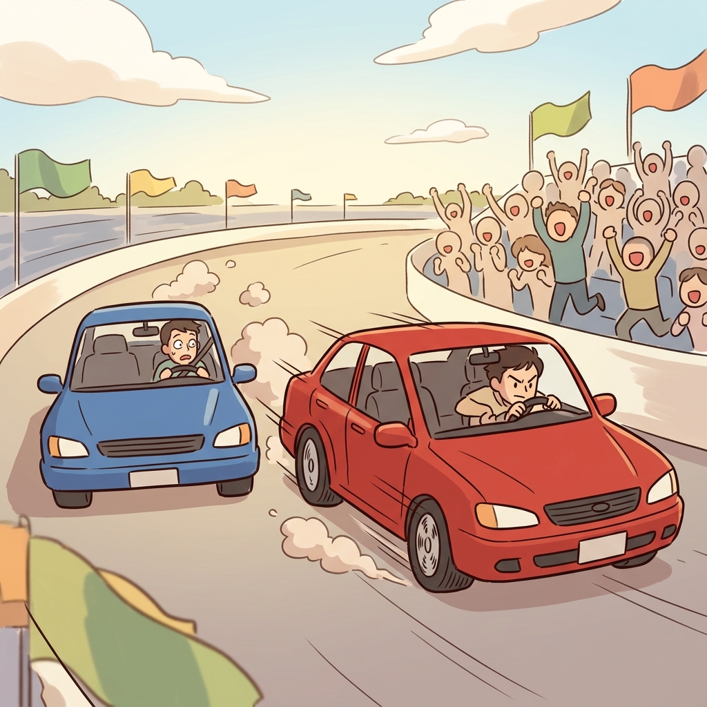 The red car begins to overtake the blue one on the final lap.