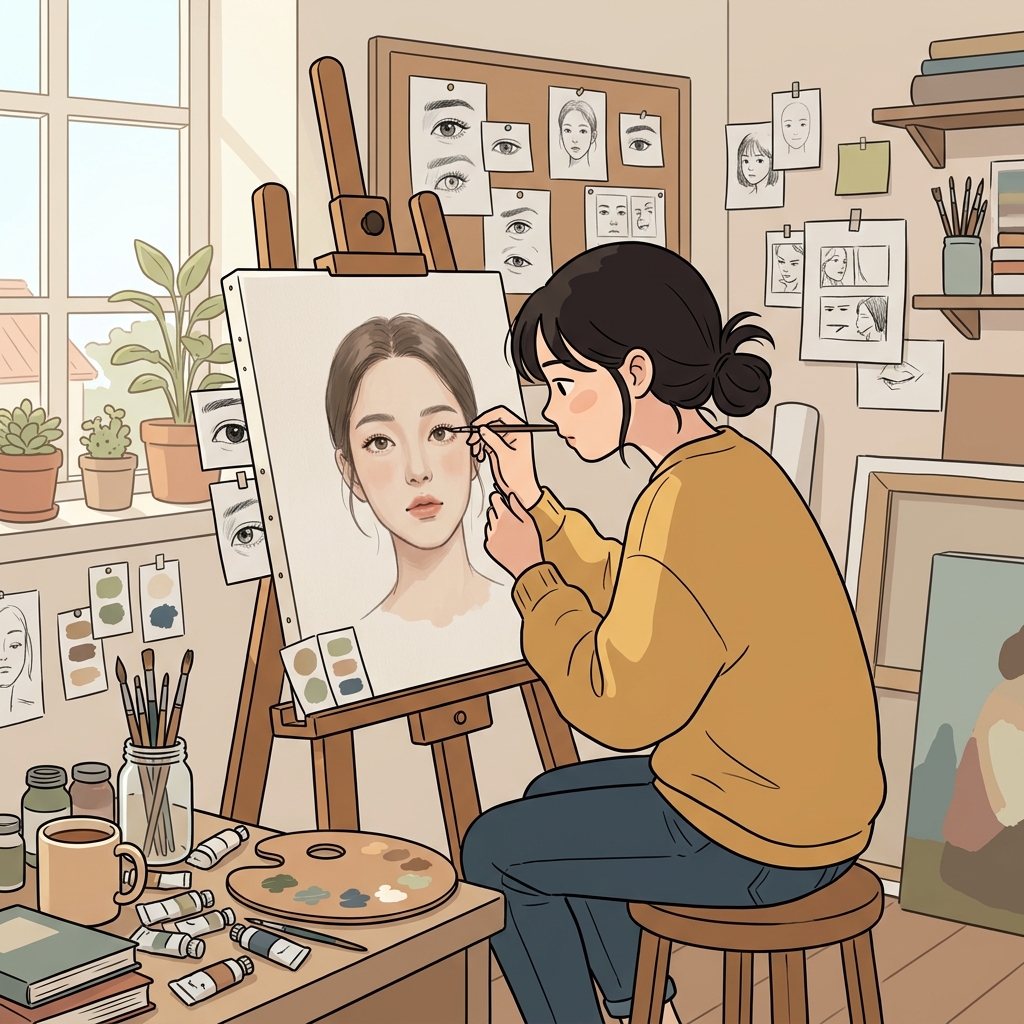 The artist created the portrait with painstaking attention to every tiny detail.
