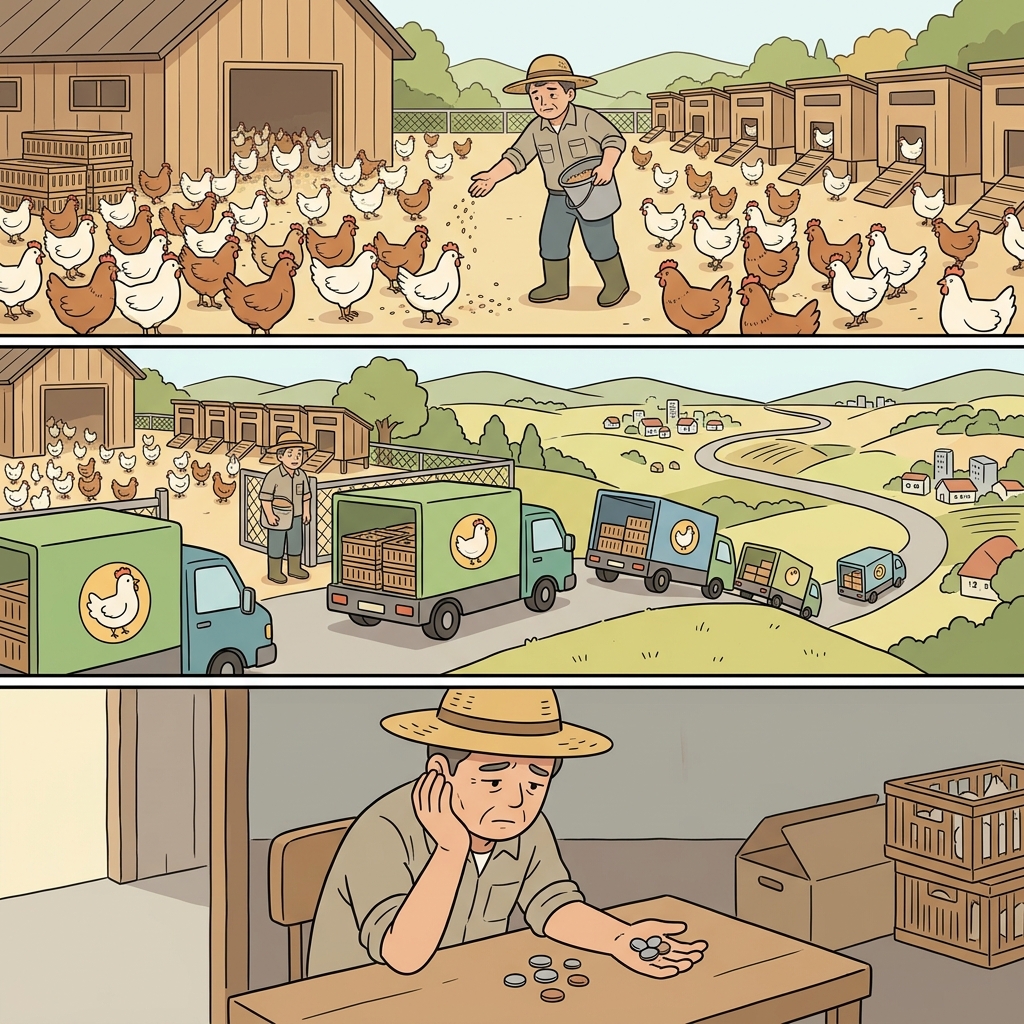 농부는 전국(country)에 가금류(poultry)를 공급했지만 겨우 보잘것없는(paltry) 수익만 올렸다.