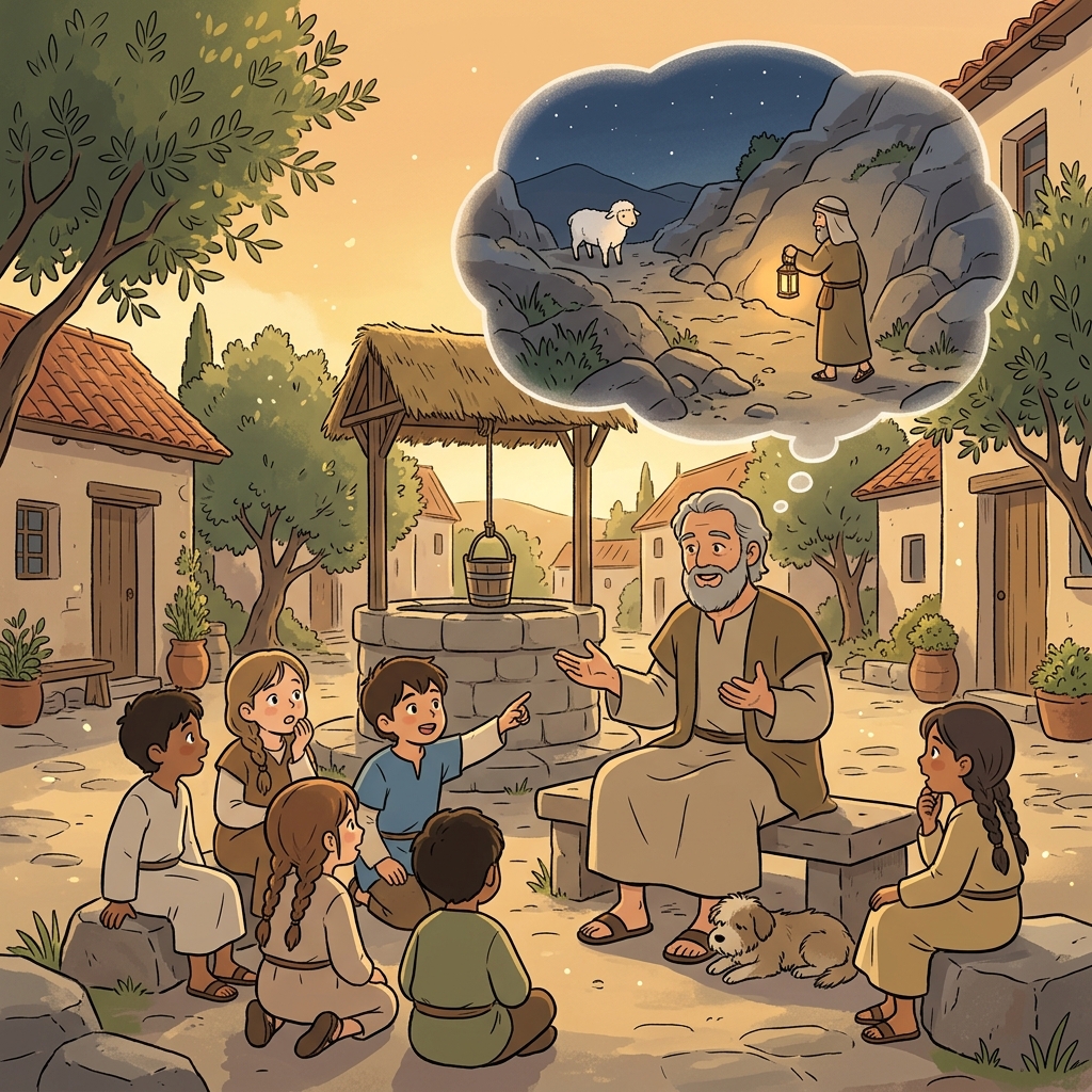 The old teacher shares a parable about a lost sheep to teach kindness.