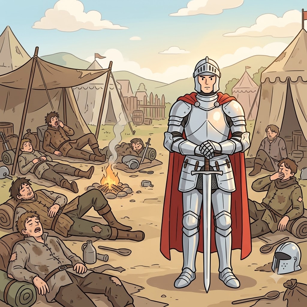 Among the sleeping soldiers, the single knight standing perfectly straight was a paragon of discipline.
