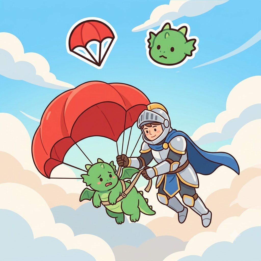 PARA(parachute) + GON(dragon) — by saving the falling draGON with a PARAChute, the knight became a paragon of mercy.