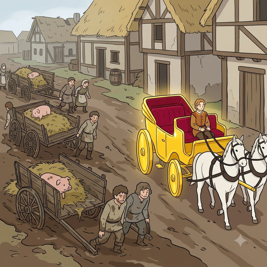 Among the broken wooden carts, the golden wagon was a true paragon of luxury.