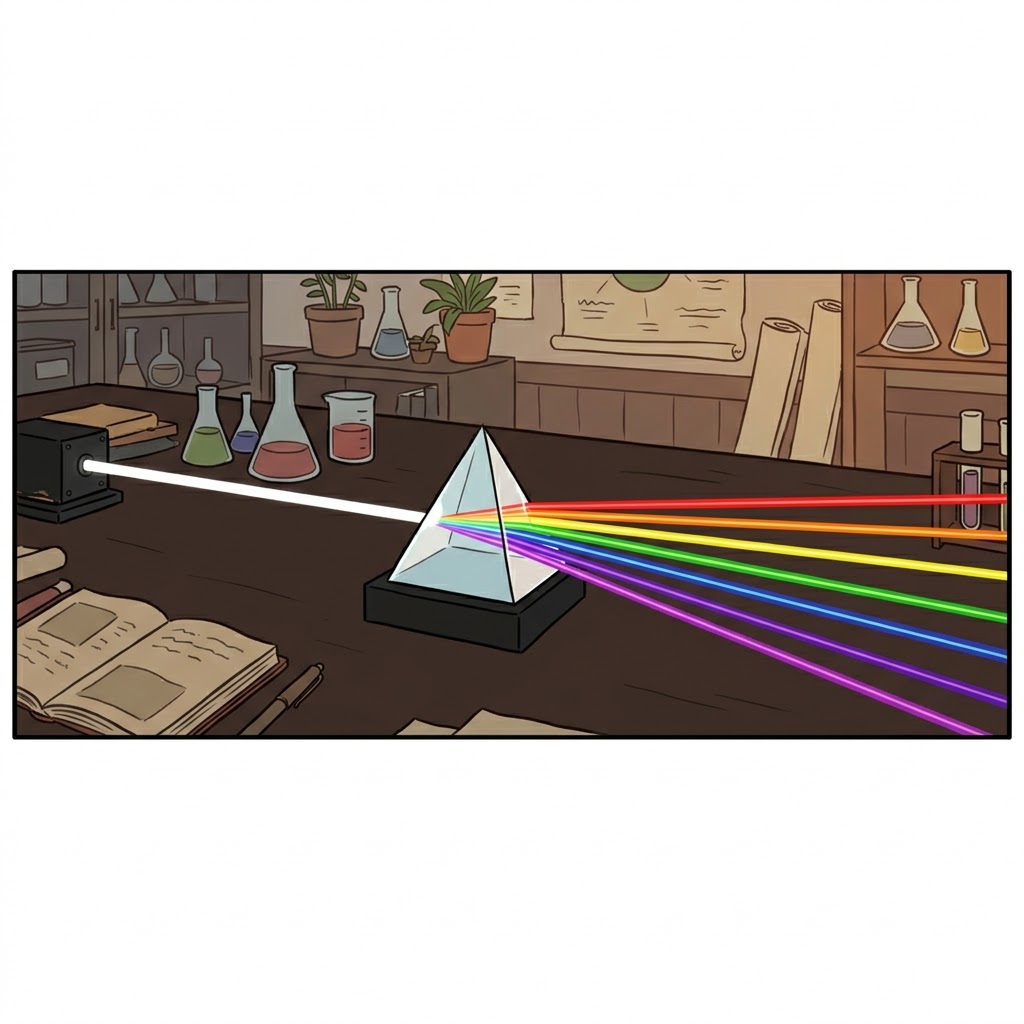 한 줄기의 백색광이 프리즘(prism)에 닿자, 완벽한 평행성(parallelism)을 이루는 무지개 빛으로 갈라졌다.