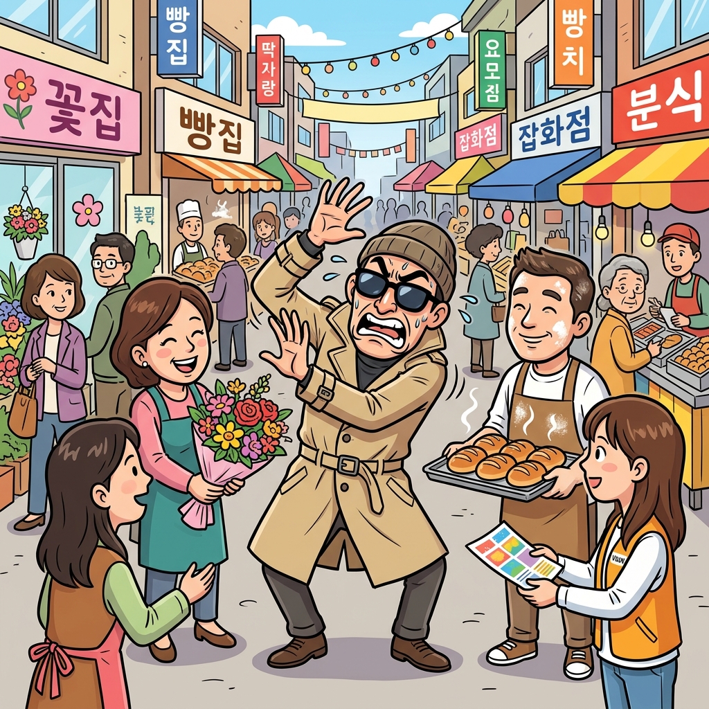 그는 모두가 자신에게 물건을 팔려고 한다고 의심하며 "팔아노이드?"라고 외쳤다.