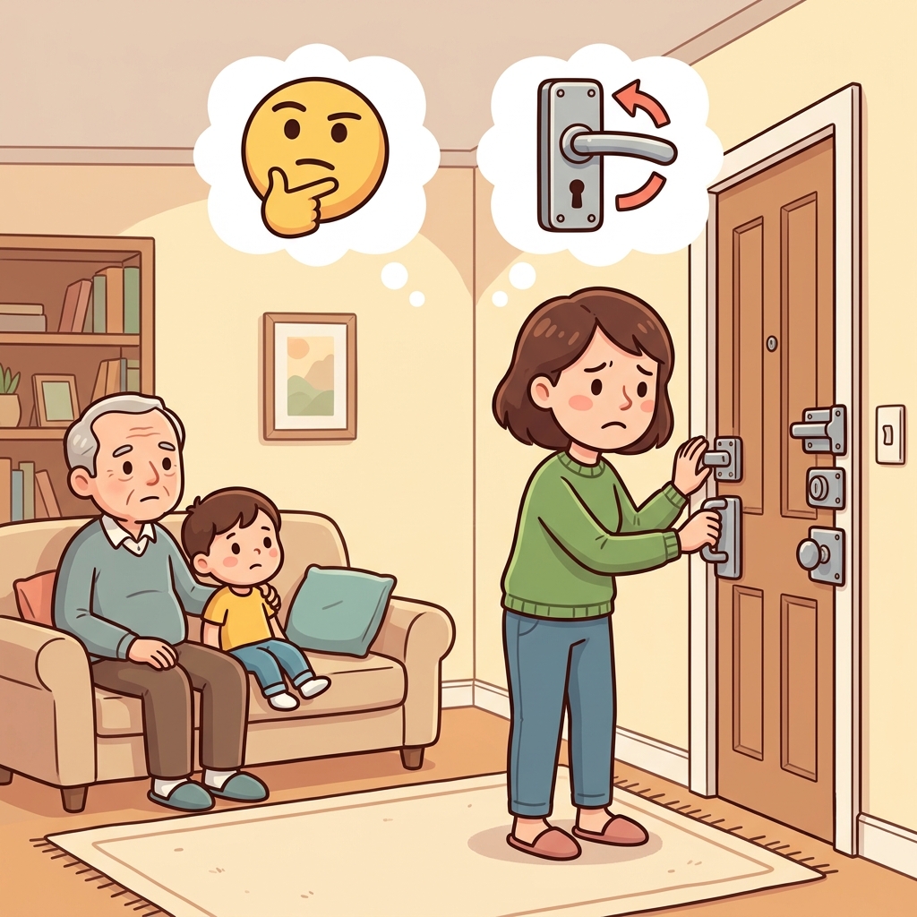 She checked the door three times because she felt paranoid. (🤔 Always Suspects + 🚪 Checks Again → Paranoid)